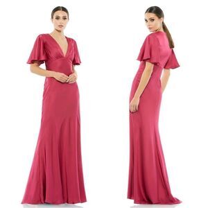 Mac Duggal NWT V-Neck Short Flounce Sleeve A-Line Dress in Raspberry Siz…